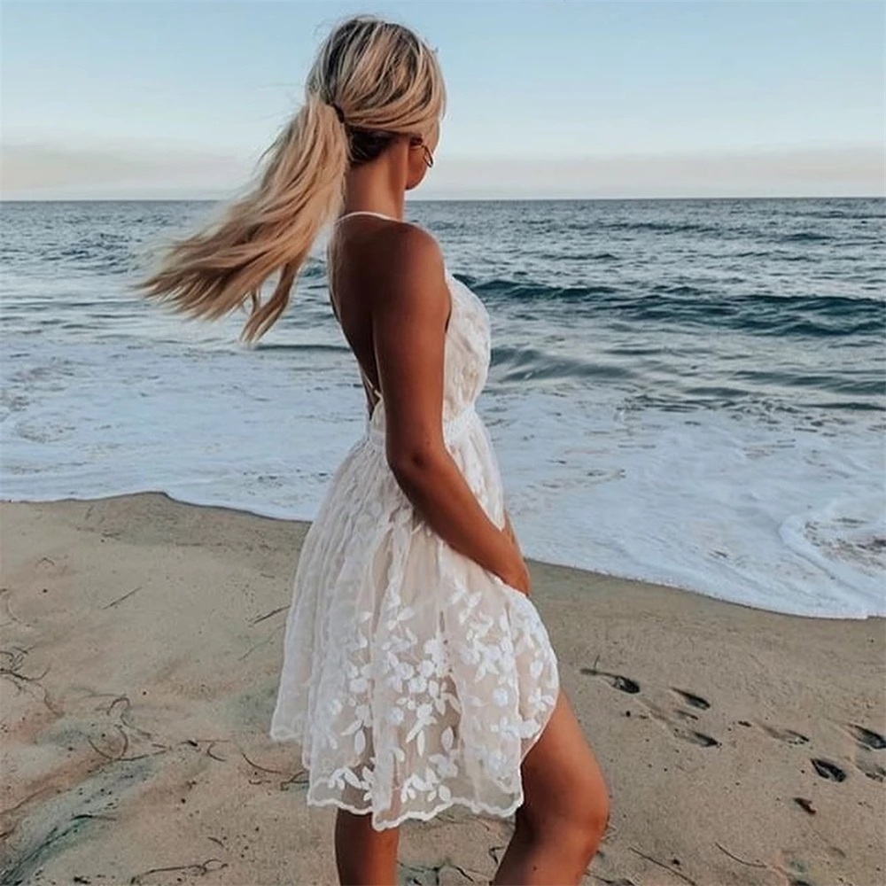 Boho Sexy Lace Flower Sleeveless Backless Dress - Picture 2 of 7